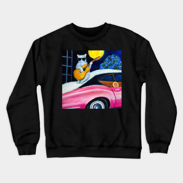 Cat playing guitar on car oil painting Crewneck Sweatshirt by DadOfMo Designs